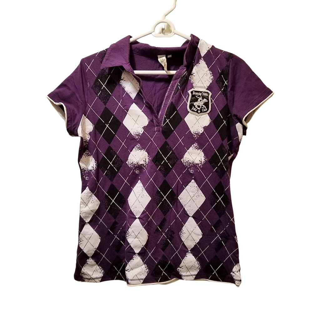 VTG Beverly Hills Polo Club Polo Shirt Women’s Large Purple Black White Argyle